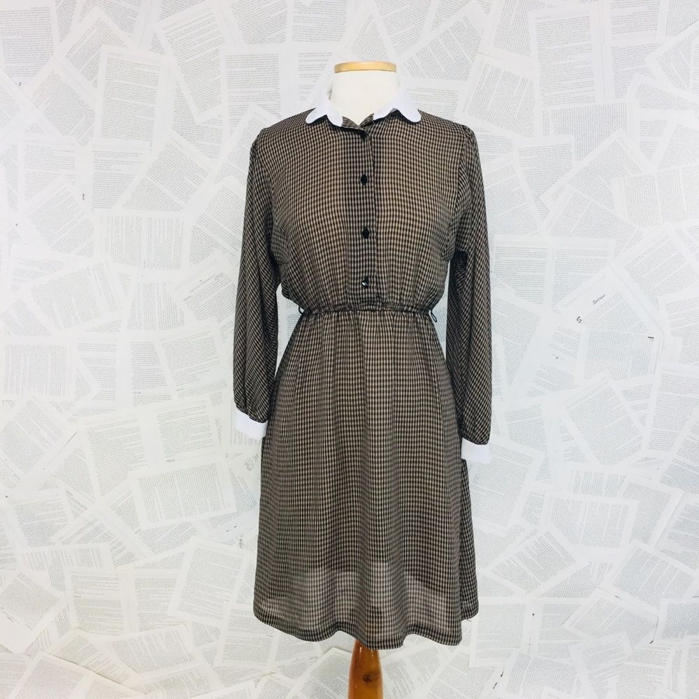 Vintage Sheer Shirt Dress Black Tan Plaid Small